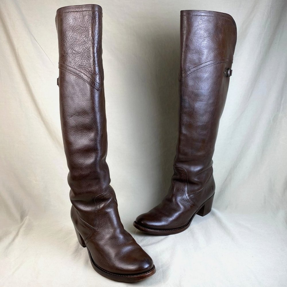 FRYE Jane Tall Cuff Pebbled Leather Over Knee Heeled Boots Size 8 Brown